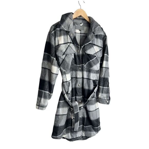 Blank NYC Flannel Jacket Size Small Gray Tie Front Black Buttoned Long Sleeve - Picture 4 of 10